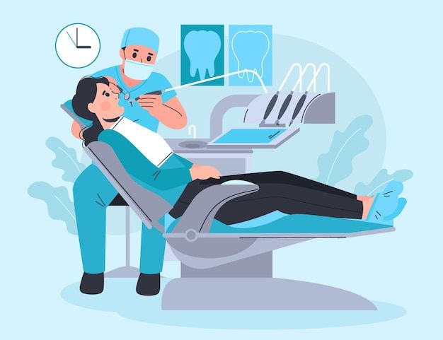dentist și pacient într-o imagine animată, scaunul decorat cu verde și cu picturi dentare pe pereți.