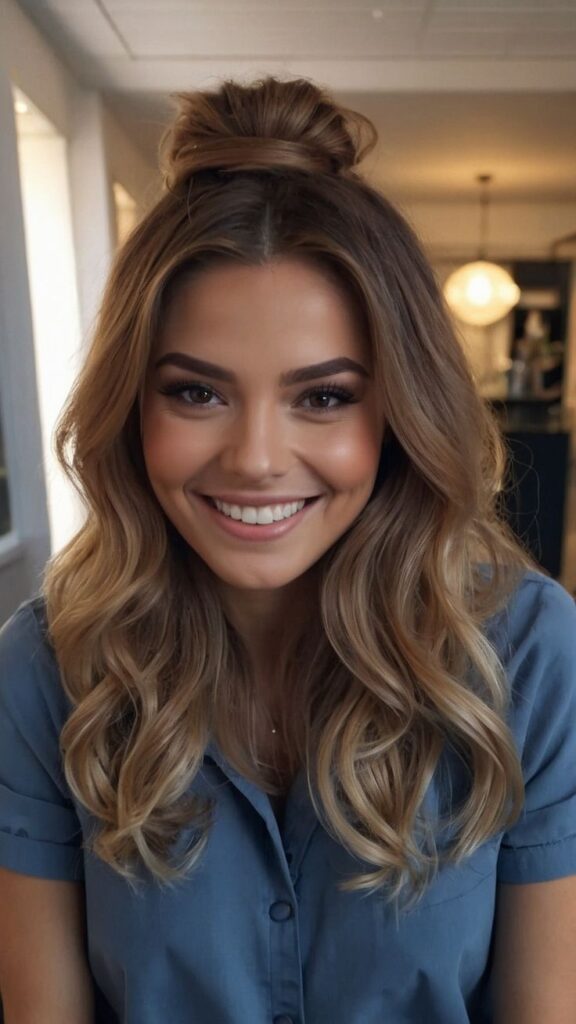 femeie cu păr lung și șaten, bluză verde și decoltată, zâmbet perfect, impecabil, alb imaculat, frumos, strălucitor, perfect