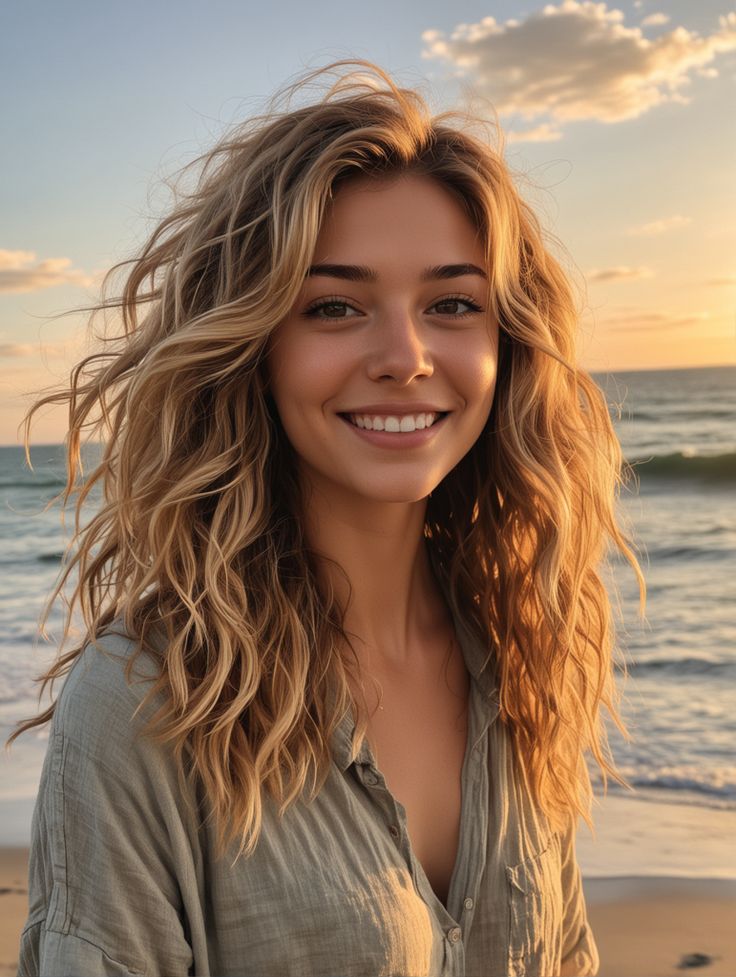 femeie cu păr blond și creț, la mare pe plajă, bluză gri deschis și un zâmbet strălucitor fără gingivită