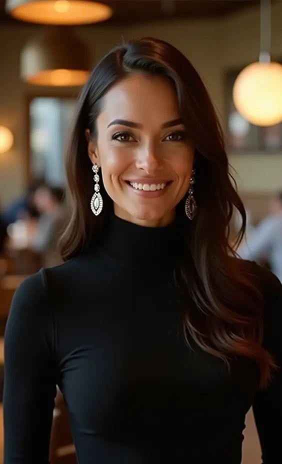 femeie brunetă, stilată, cu o bluză neagră și cercei cu diamante, zâmbet perfect și sănătos fără parodontoza