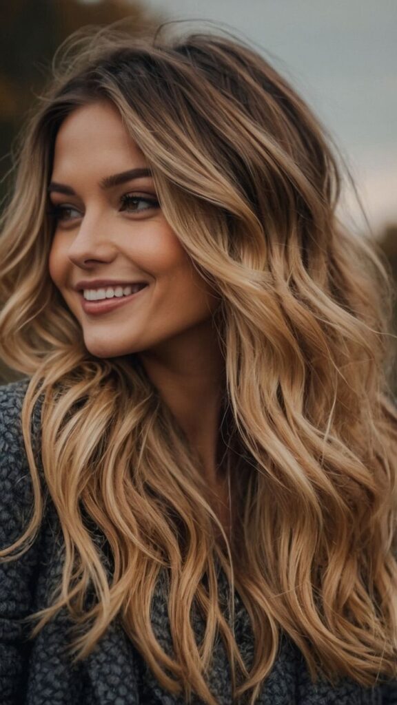 femeie cu păr lung, blond și ondulat, bluză neagră și un zâmbert superb fără gingivită