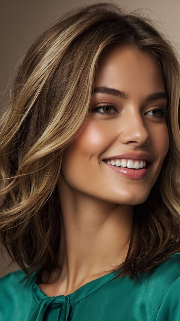 femeie cu păr șaten și lung, bluză verde deschis și un zâmbet perfect cu estetica dentară