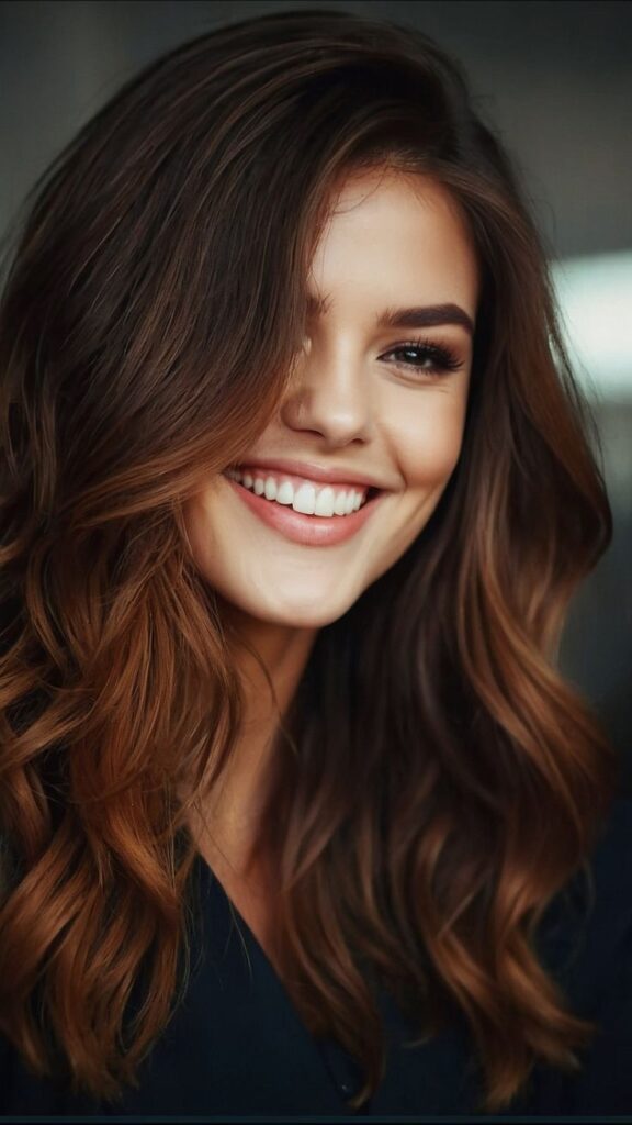 femeie cu păr lung și ciocolatiu închis, brunet, bluză neagră, zâmbet alb imaculat, impecabil, perfect, frumos, strălucitor