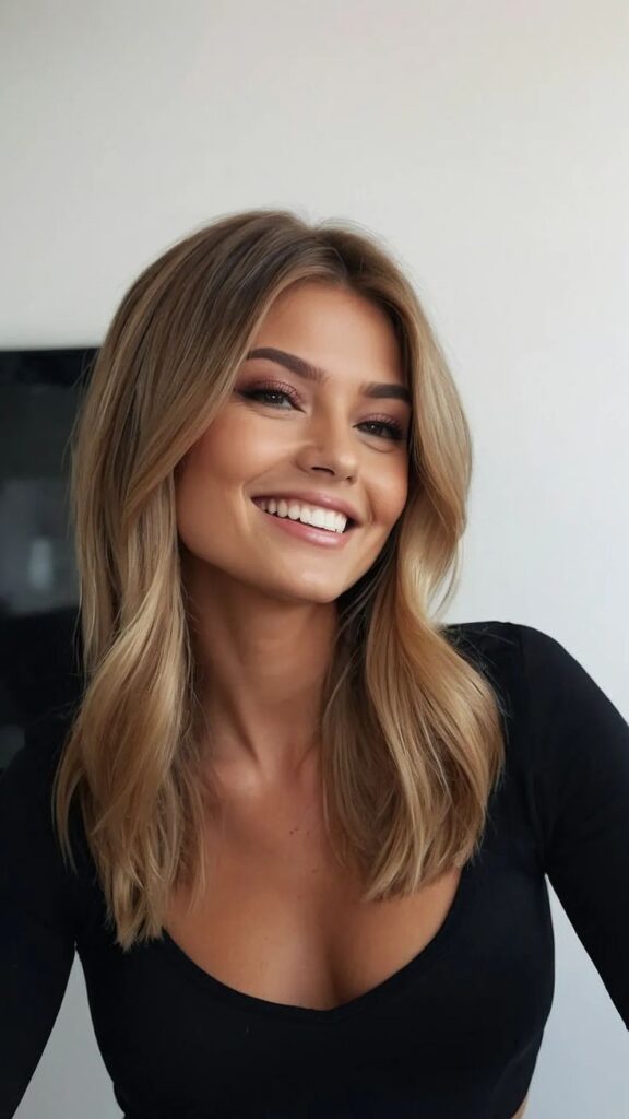 femeie cu păr blond și lung, bluză neagră și decoltată, zâmbet perfect