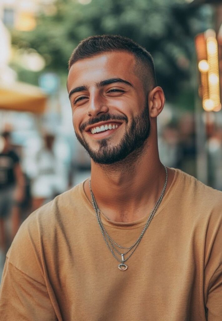 bărbat cu păr scurt, brunet și barbă aranjată și scurtă, zâmbet perfect cu fațete dentare