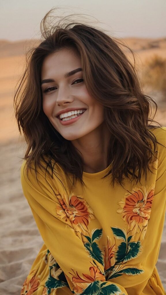 femeie cu păr mediu de lung și roșcat, bluză roz cu imprimeu floral, zâmbet impecabil, alb, perfect și strălucitor fără caria dentară