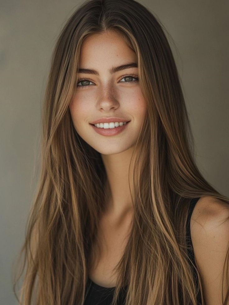 femeie cu păr șaten și lung, maieu negru decoltat și un zâmbet perfect cu fluorizare dentară.