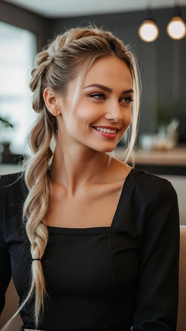 femeie cu păr lung, împletit în coadă și blond, bluză neagră și un zâmbet frumos, perfect, impecabil, strălucitor și alb cu albire dentară