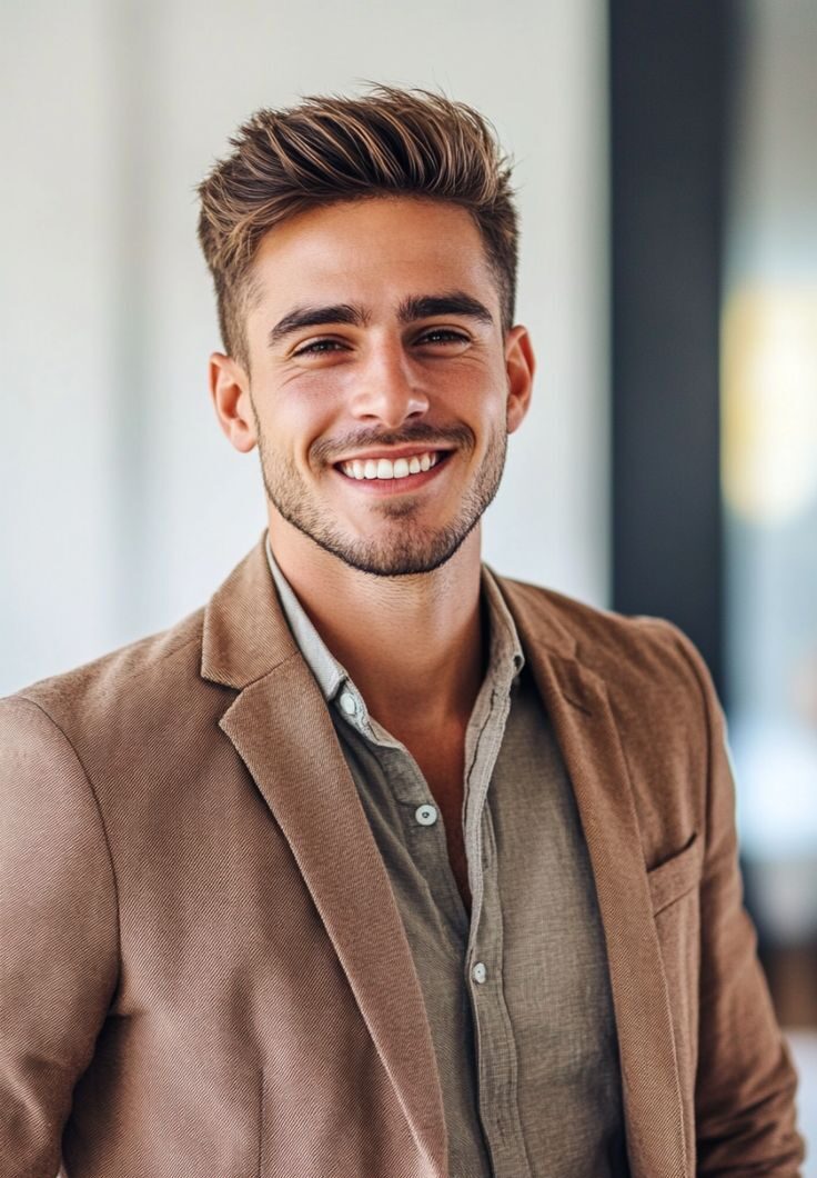 bărbat șaten, geacă de piele și cămașă, zâmbet superb și alb cu punte dentară