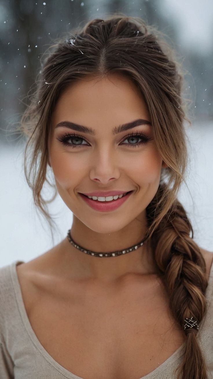femeie frumoasă, păr șaten, coadă împletită, zâmbet perfect alb, sănătate orală