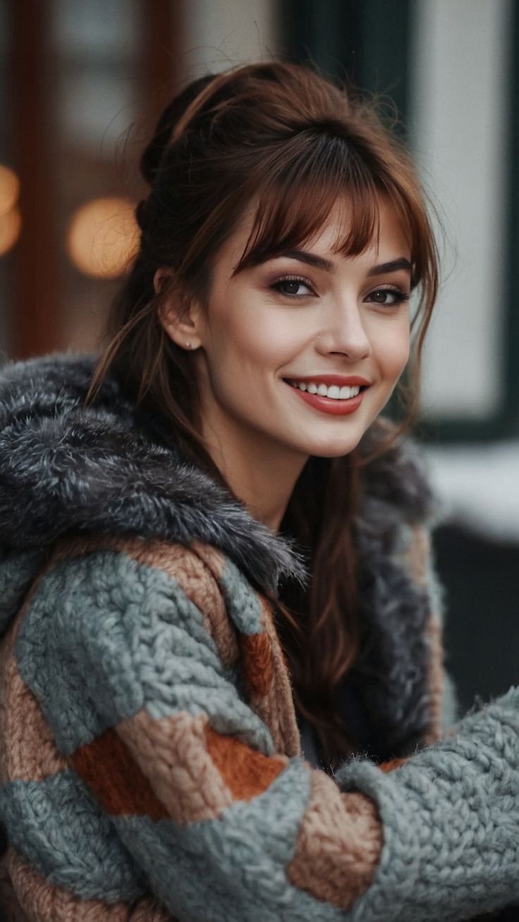 femeie cu păr lung și roșcat, pulover gri cu pete roșii și roz, și un zâmbet impecabil, perfect, alb și strălucitor fără caria dentară