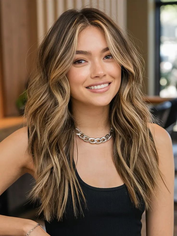 femeie cu păr lung și șaten cu șuvițe blonde, maieu negru decoltat și un zâmbet perfect, frumos, alb imaculat, impecabil și strălucitor - Limbajul Secret” al Stomatologilor