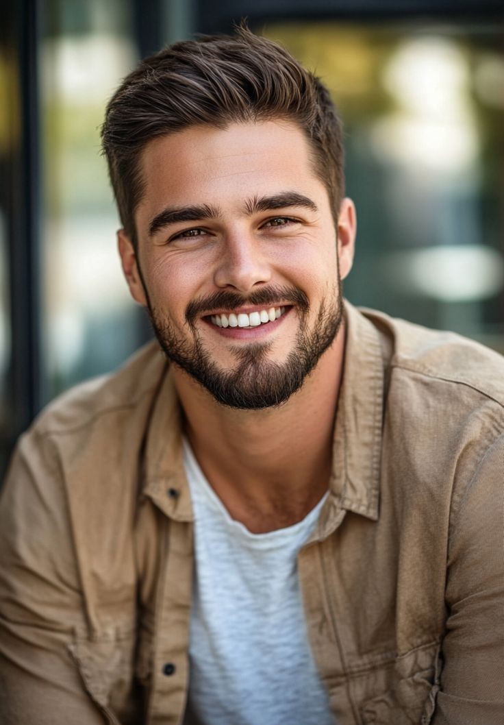 bărbat brunet, cu barbă aranjată, păr scurt, cămașă și tricou alb, zâmbet perfect alb cu profilaxia dentară