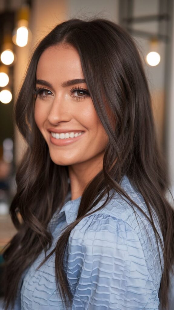 femeie cu păr lung și brunet, cămașă de blugi și un zâmbet perfect și alb, cu extracție dentară