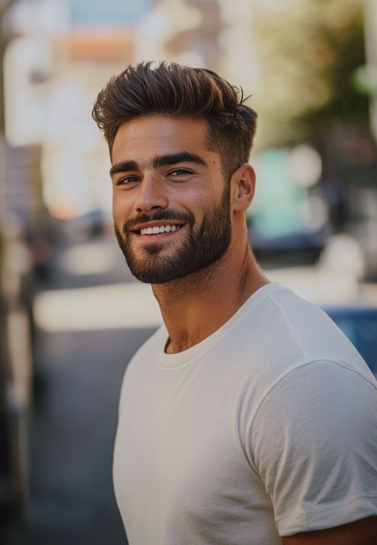 bărbat brunet, tuns scurt și cu un tricou alb în mediu urban, zâmbet perfect cu punte dentară