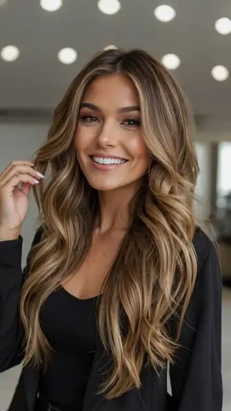 femeie cu păr lung și ciocolatiu deschis cu blond, bluză neagră decoltată și cu un zâmbet alb și perfect cu detartraj